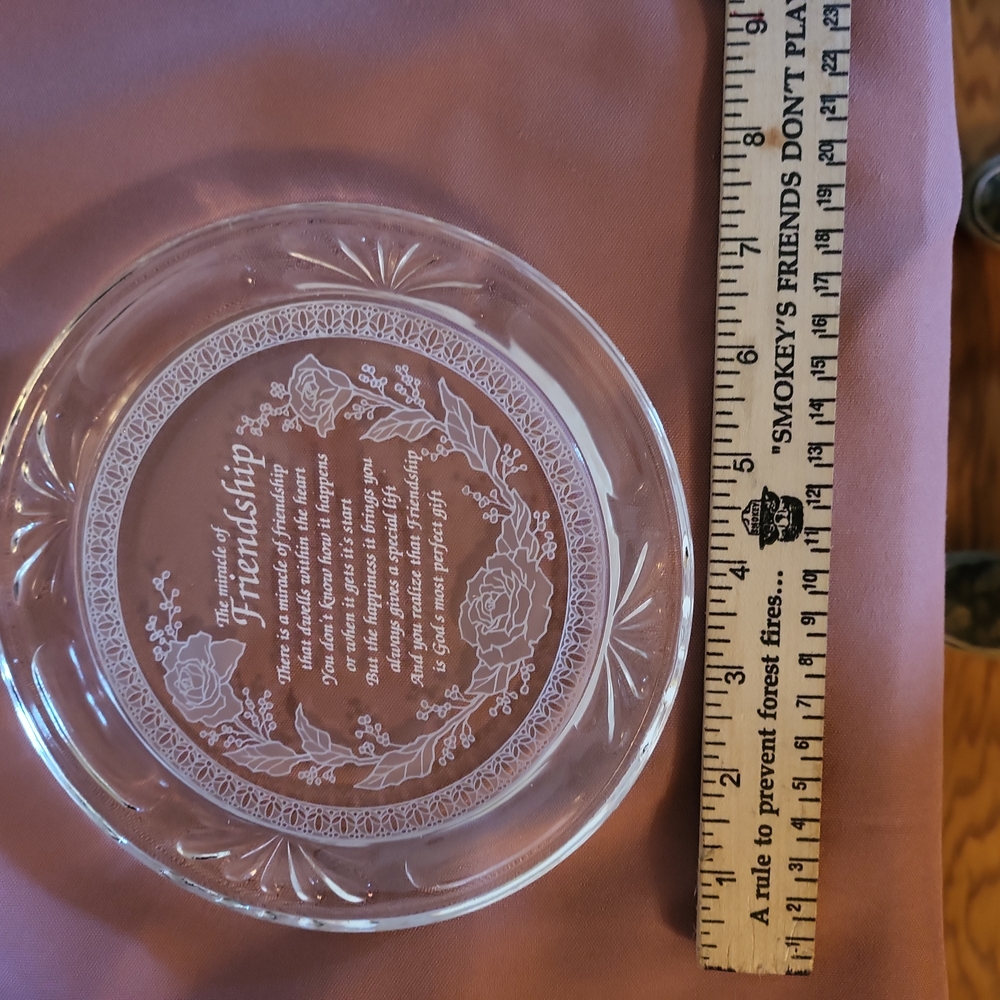 Clear Glass Plate with 'The miracle of Friendship in white writing